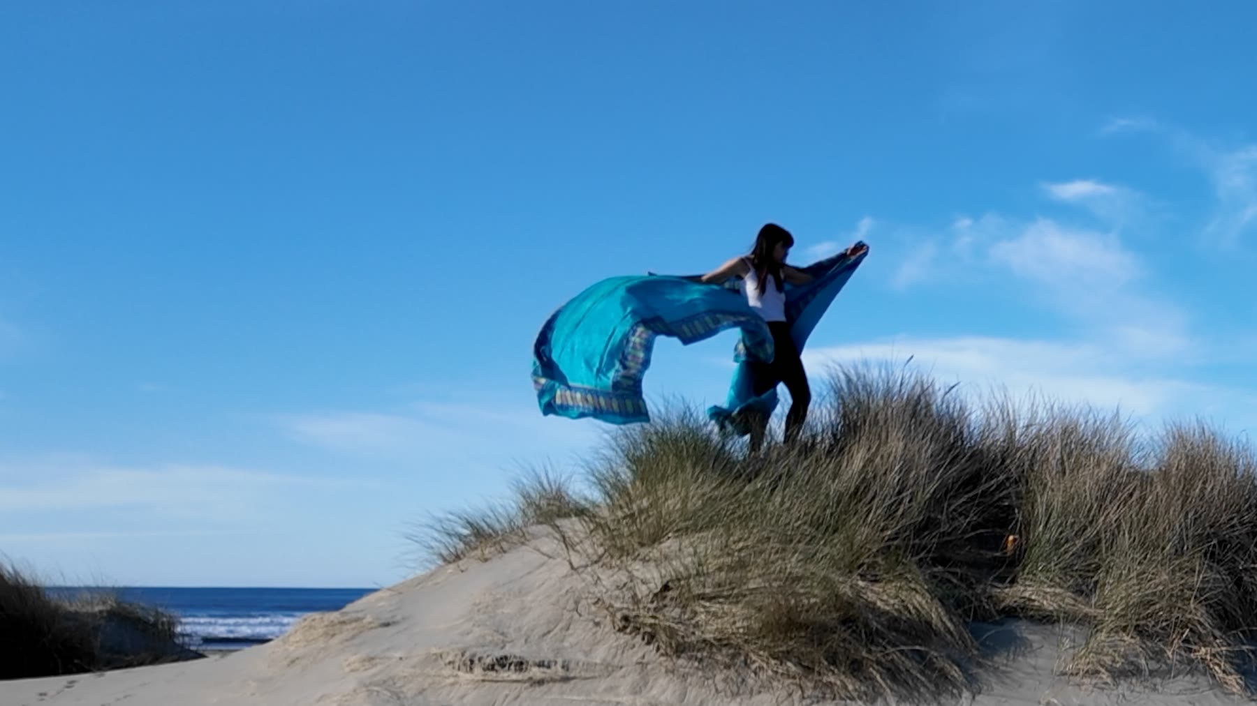 Jené dancing with a blue scarf on a dune by the ocean