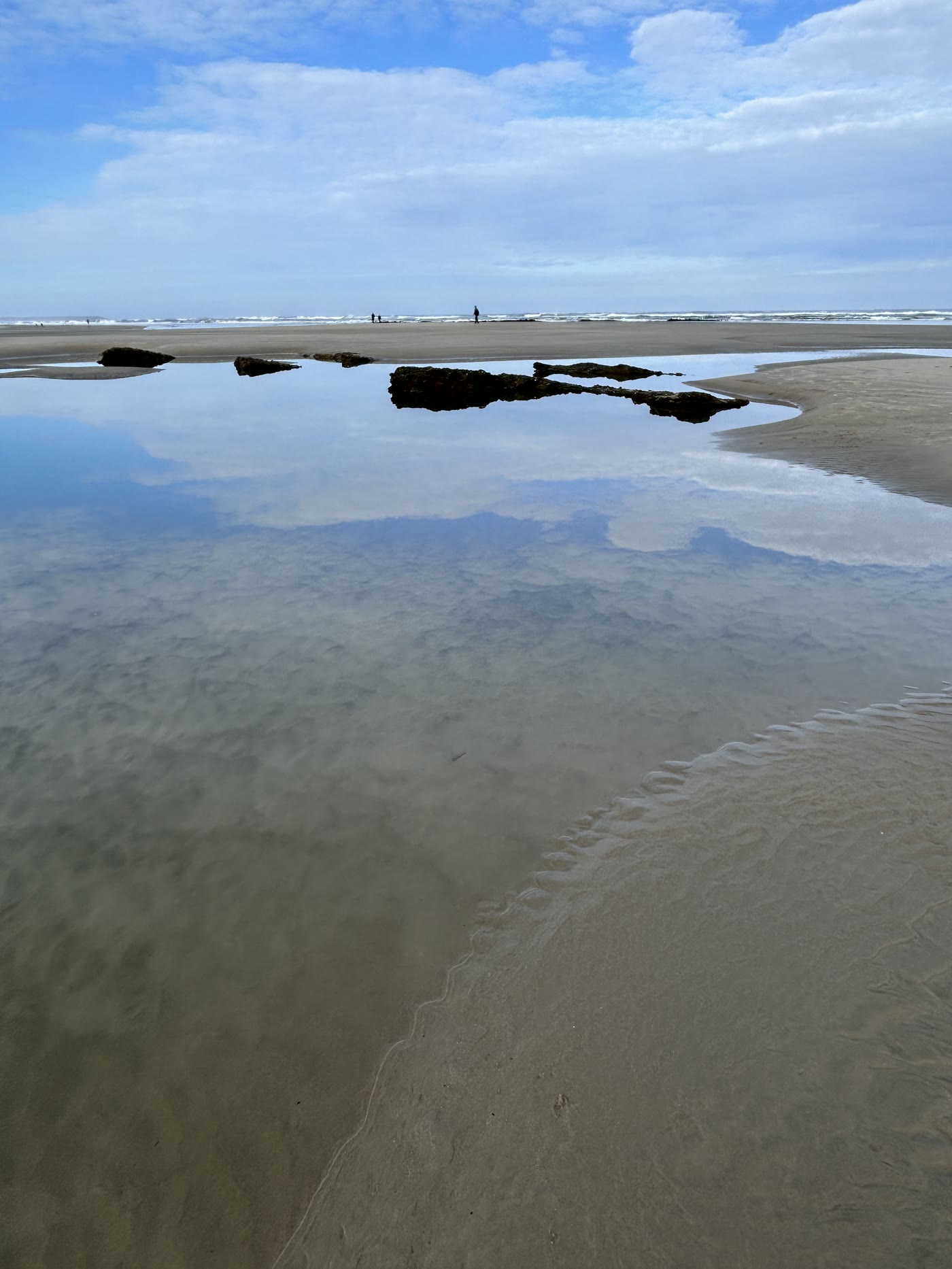 The sky reflected in a tide pool on the beach